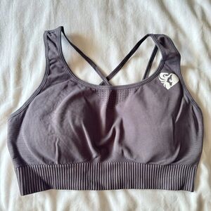 grey open back sports bra